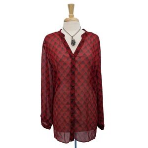 Catherines Womens 3X Red Sheer Metallic‎ Button Front Pleated Back Blouse